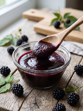 Blackberry jam in a glass jar with fresh berries and wooden spoon on rustic wood