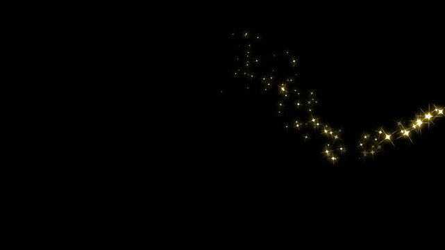 Luxury golden glitter star trail, 2d twinkling particle burst, magical sparkle dust flow, glowing light flare, fairy star effects, seamless fantasy overlay transition on black background, 4k