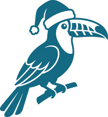 Fototapeta premium Flat 2D vector silhouette of a perching toucan wearing a festive pointed Santa hat, ideal for holiday designs, Christmas cards, or winter season decor