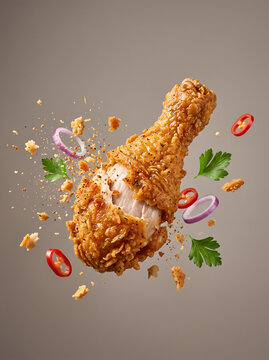 Exploding fried chicken drumstick with spices and herbs in a dynamic food photography composition