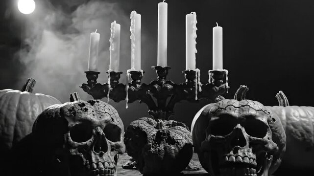 Spooky Halloween scene with candles, skulls, and pumpkins in a dark, atmospheric setting, a horror concept