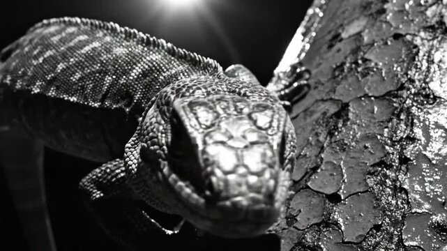 Black and White Close Up of a Lizard on a Tree Branch with a Dramatic Lighting