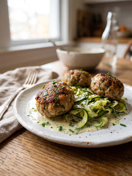 Delicious homemade meatballs with zucchini noodles and creamy sauce on a wooden table