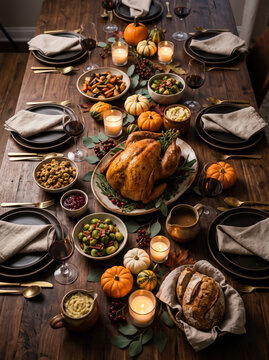 Festive thanksgiving table setting with roasted turkey and autumnal harvest meal arrangement