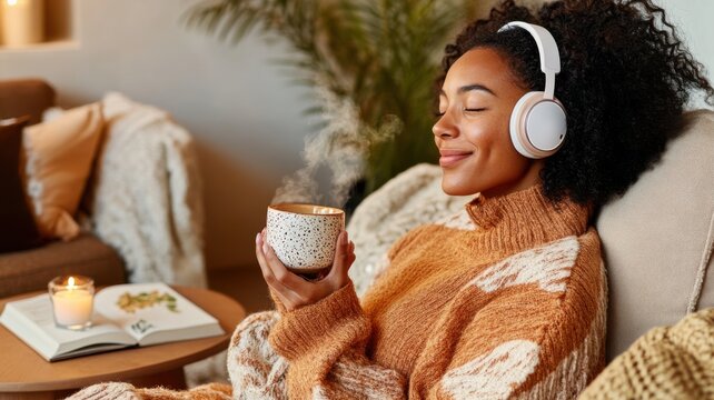 Mixed race woman enjoying tea and wireless headphones during a peaceful mindfulness break at home