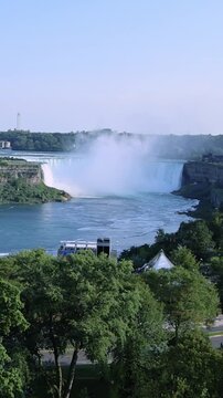 Panoramic view of Niagara Falls and city skyline on sunny day in Ontario Canada. Horseshoe Falls, American Falls and Niagara River