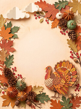 Autumn papercraft frame with turkey leaves pinecones and berries on a beige background