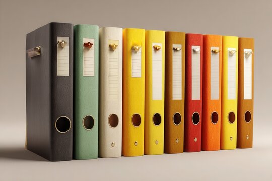 Colorful ring binders organized on a shelf in studio lighting