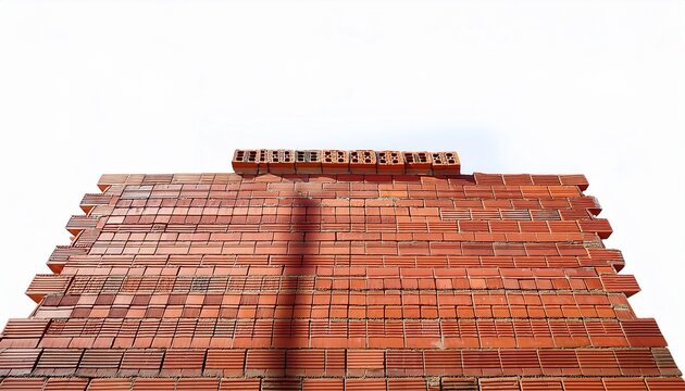 red brown brick wall being built with a single brick placed on top during a sunny bright day isolated on white background