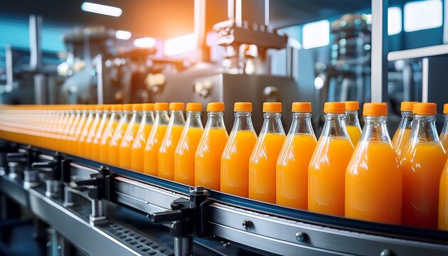 bottles filled with orange juice on an automated production line in a modern beverage factory