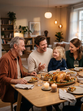 Happy multigenerational family enjoying a festive thanksgiving dinner together at home