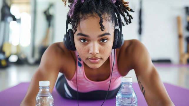 Mixed race woman in plank position wearing sport headphones during intense indoor core workout