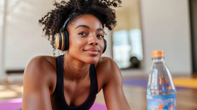 Mixed race woman in plank position with sport headphones during intense indoor core workout