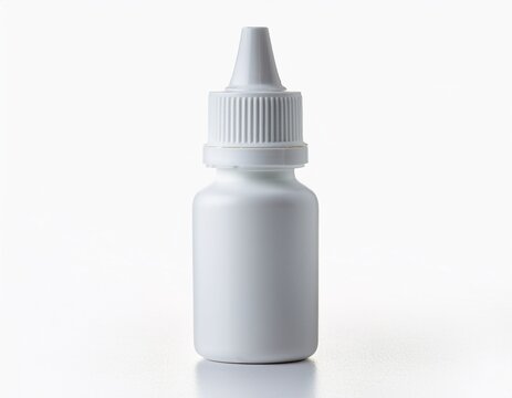 small white plastic squeeze bottle for medicine or eye drops with a dropper cap isolated on white background