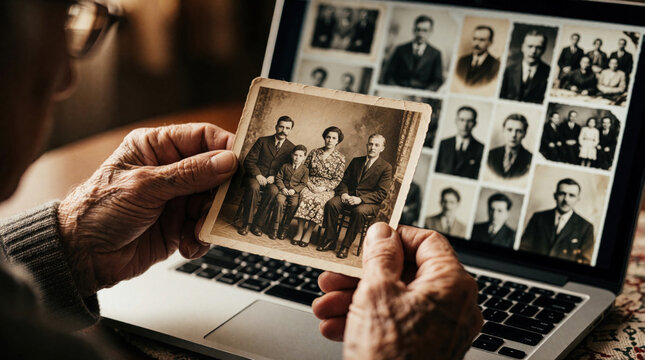 Elderly hands hold aged photo next to laptop screen displaying past pictures. Man looks at family memories connecting old times with digital archive.