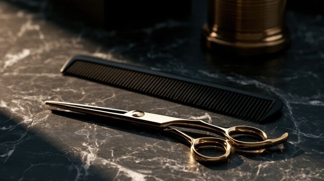 Elegant gold scissors and black comb displayed on a dark marble surface with soft lighting creating a sophisticated atmosphere for hairstyling services