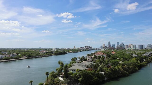 Panoramic view of downtown Tampa skyline. Financial center skyscrapers and residential housing in Ybor Basin