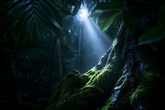 Moonbeam through tropical leaves illuminating mossy wet bark, serene forest.