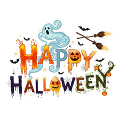 Naklejka premium Happy halloween pixel art text with ghost and pumpkin