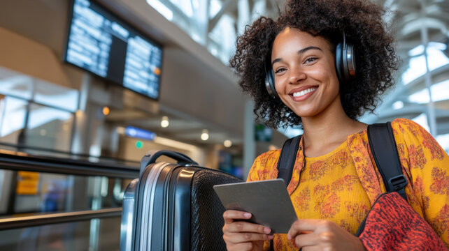 Mixed race woman scanning boarding pass at automatic airport gate with suitcase and wireless headphones