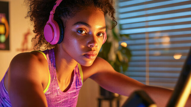 Mixed race woman cycling on stationary bike with headphones in sunlit modern home workout space