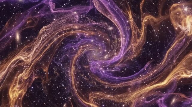 Cosmic Swirl: A vibrant nebula, swirling with purple and gold cosmic dust, punctuated by distant stars and galaxies, evokes a sense of wonder and the vastness of the universe.
