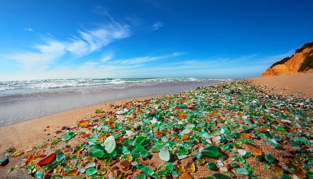 vibrant smooth sea glass shards scattered on sandy beach shoreline under sunny blue sky
