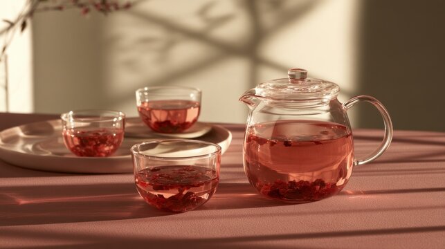 Dried fruit tea in various bowls, served on pink surface.