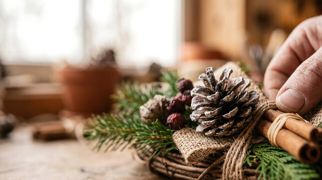 Crafting a botanical Christmas wreath on a wooden table in a rustic workshop setting, close up photograph