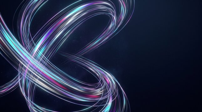 Abstract dynamic light streaks with swirling neon holographic motion lines forming glowing vortex shapes against a dark navy blue background