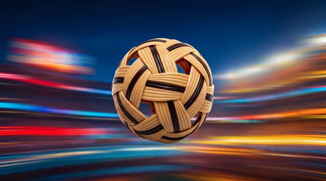 Woven rattan sepaktakraw ball isolated against a dynamic blurred sports stadium background with sepaktakraw competition equipment activity background professional isolated