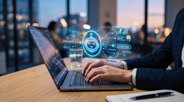 Professional developer working on laptop with augmented reality hologram of cute robot assistant icon surrounded by automation workflow diagrams