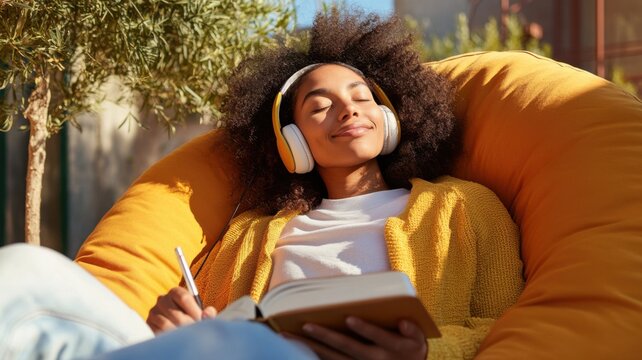 Mixed race woman relaxing in beanbag chair with headphones and journal in cozy wellness interior