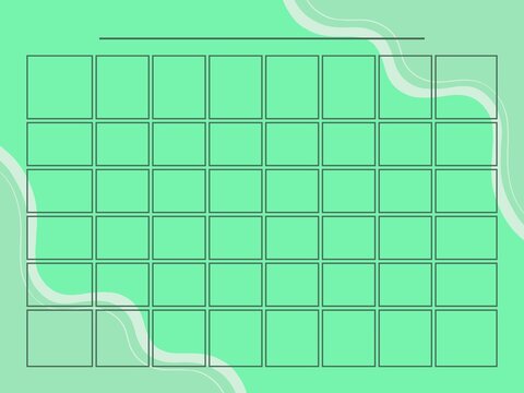 Green monthly planner calendar layout grid with wavy organic background