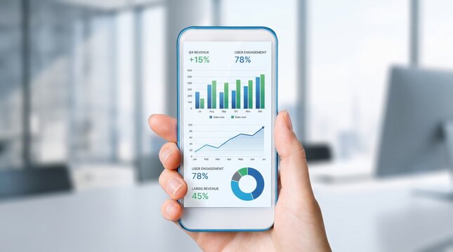 Hand holding smartphone displaying colorful business analytics dashboard with revenue growth charts and user engagement statistics, mobile financial report application