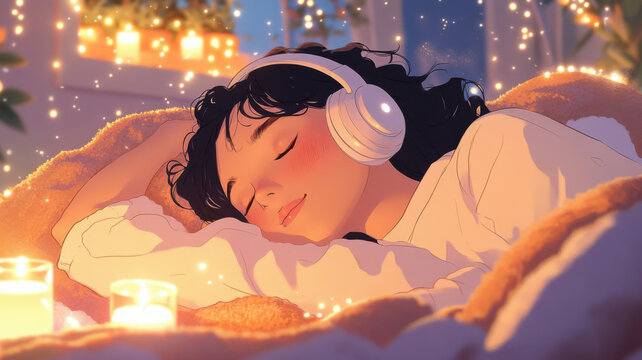 Mixed race woman resting with headphones and candles during a peaceful bedroom meditation session