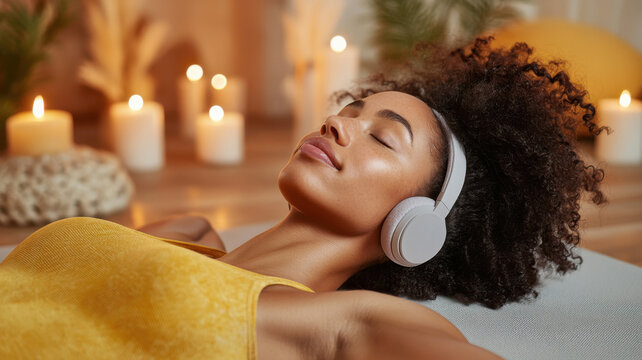 Mixed race woman in shavasana with headphones, candles and peaceful minimalist studio ambience