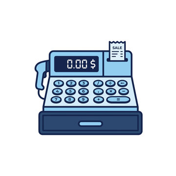 Blue electronic cash register for processing retail sales transactions isolated on transparent