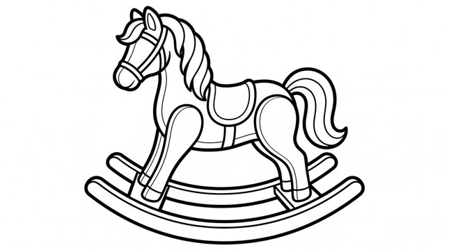 Vintage black and white illustration of a classic wooden rocking horse for nostalgic childhood memories and playful designs