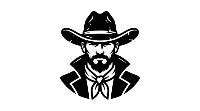Bearded cowboy character wearing a wide brimmed western hat and neckerchief in bold flat style