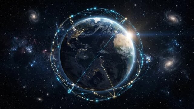 Global Network Connection: Earth orbits amidst distant galaxies, encircled by a luminous network of interconnected digital pathways, symbolizing worldwide communication and technology.