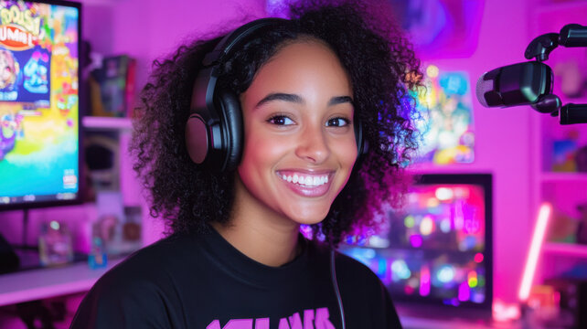 Mixed race woman live streaming from bedroom studio with headset microphone and interactive chat overlay