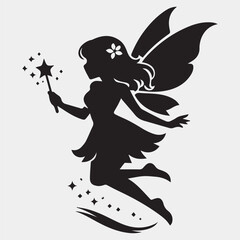 Fototapeta premium Elegant Fairy Silhouette with Magic Wand and Sparkling Wings Vector Illustration Isolated on White Background