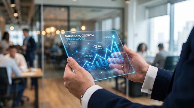 Businessman hands holding futuristic transparent tablet displaying hologram financial growth trajectory chart with rising graph and statistics, Q4 2023 report, investment success