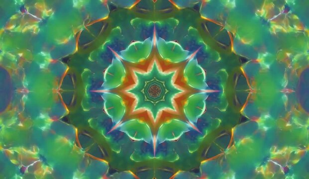 Abstract animation featuring an intricate colorful symmetrical ornamental pattern inspired by elegant kaleidoscope geometry, with hundreds of refined geometric