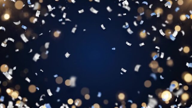 Falling silver confetti and golden bokeh lights on a dark blue background for festive holiday celebrations.
