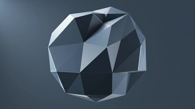Dark grey geometric polygonal 3D abstract shape slowly rotating and transforming on a solid background.