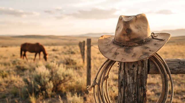 Worn brown felt cowboy hat resting on weathered wooden fence post with rustic lasso rope in expansive arid plains landscape during golden hour sunset.