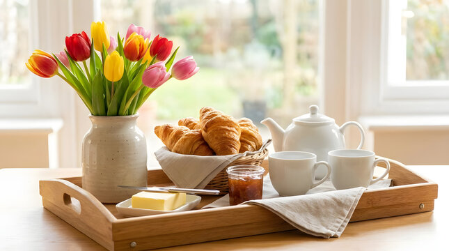 Breakfast tray with croissants coffee and tulip flowers.