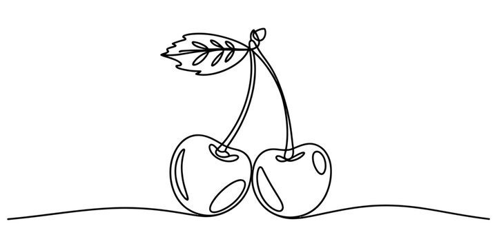 Continuous single line drawing of two fresh cherries with a leaf Vector, illustration